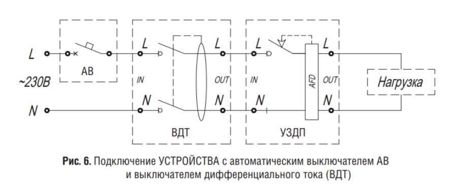 Подключение устройства с автоматическим выключателем дифференциального тока АВ и выключателем дифференциального тока ВДТ